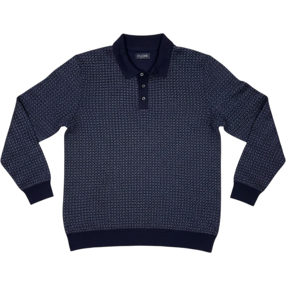 Jos. A. Bank Mens Large Navy Blue Merino Wool Blend Geometric Polo Sweater
